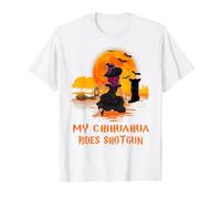 My Long Haired Chihuahu Rides Shotgun Dog Witch Halloween Camiseta gráfica económica, Hombre, Blanco, M