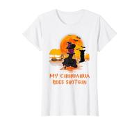 My Long Haired Chihuahu Rides Shotgun Dog Witch Halloween Camiseta gráfica económica, Mujer, Blanco, S