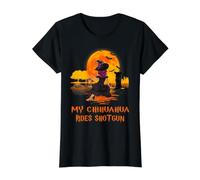 My Long Haired Chihuahu Rides Shotgun Dog Witch Halloween Camiseta gráfica económica, Mujer, Negro, S