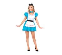 My Other Me - Disfraz Alicia mujer adulto, talla S. Incluye vestido azul con mangas abullonadas y bajo con volantes, delantal blanco con símbolos de naipes, cuello, cinturón y diadema negros.