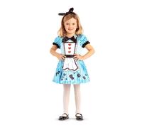 My Other Me - Disfraz Alicia niña, talla 3-4 años. Incluye diadema negra con lazo, vestido blanco con rayas y puntos azules, mangas con puños negros, delantal pintado con corazones y falda ilustrada.