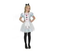 My Other Me - Disfraz Alicia niña, talla 5-6 años. Incluye vestido blanco con cuadros azules, mangas cortas, delantal decorado integrado, capa de tul en la falda y diadema azul con lazo negro.
