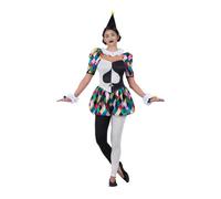 My Other Me - Disfraz Arlequina mujer, talla XL. Incluye gorro negro con pompón, cuello plisado blanco, mono con mangas y pantalones cortos abullonados, puños, mitones y mallas a contraste.