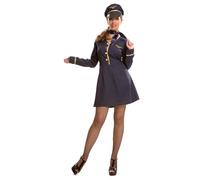 My Other Me - Disfraz Azafata Mujer Talla M-L. Incluye vestido azul marino, botones e insignias doradas, ribetes decorativos, pañuelo al cuello y sombrero elegante.