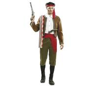 My Other Me - Disfraz Bandolero Hombre, talla M-L. Incluye sombrero negro con detalle rojo, camisa blanca, pantalón pirata verde, chaqueta marrón, fajín rojo con flecos y manta con diseño colorido.