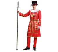 My Other Me - Disfraz Beefeater Hombre, talla M-L. Incluye sombrero negro, cuello blanco, abrigo con detalles dorados, cinturón rojo con bordes en negro y dorado, y pantalón.