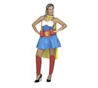 My Other Me - Disfraz Beer Woman Mujer, talla M-L. Incluye vestido azul con blanco de tirantes, capa amarilla, cinturón rojo con inscripción Beer Girl y bolsillos para latas, y polainas a juego.