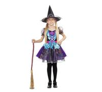 My Other Me - Disfraz Bruja Niña, talla 7-9 años. Incluye vestido corto colorido, de mangas abullonadas con delles de tul y brillos y sombrero alto decorado a juego. Para embrujar en Halloween.