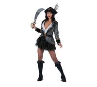 My Other Me Disfraz Bucanera mujer talla S adulto en gris y negro | Incluye sombrero con pluma, chaqueta azul blanco y dorados, cinturón con hebilla, falda con vuelos y cubrebotas negros