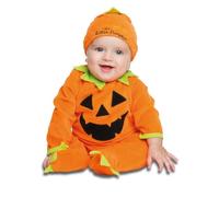 My Other Me - Disfraz Calabaza bebé unisex, talla 7-12 meses. Incluye mono 100% algodón naranja con estampado de cara en fieltro negro, detalles verdes en cuello, puños y perneras, y gorro a juego.