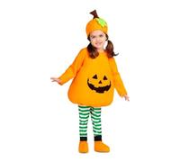 My Other Me - Disfraz Calabaza Infantil Unisex, talla 3-4 años. Incluye gorro naranja con hoja y rabito, mono con bordado, mallas a rayas verdes y blancas y cubrebotas naranjas.