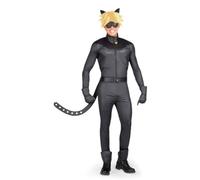 My Other Me - Disfraz Cat Noir de Miracolous Hombre, talla XS. Incluye chaqueta con cascabel, pantalón, cinturón con cola, guantes, antifaz, peluca con orejas y anillo.