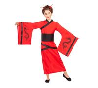 My Other Me - Disfraz China niña, talla 10-12 años. Incluye vestido rojo con mangas anchas y dibujos de dragones, bordes negros, y fajín negro cruzado. Destaca con elegancia oriental.