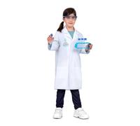 My Other Me - Disfraz Científico infantil unisex, talla 5-7 años. Incluye bata blanca con insignia de matraz “Science” y dos bolsillos, gafas protectoras y set de 4 tubos de ensayo con soporte azul.