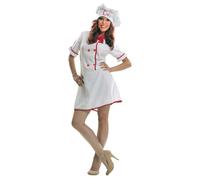 My Other Me - Disfraz Cocinera Mujer, talla M-L. Incluye gorro blanco con bordado de Chef en rojo, vestido con botones y ribetes rojos y pañuelo a juego. Para destacar en la cocina.
