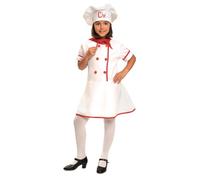 My Other Me - Disfraz Cocinera Niña, talla 7-9 años. Incluye gorro con bordado de Chef en rojo, vestido blanco con botones y ribetes rojos y pañuelo a juego. Perfecto para pequeñas chefs.