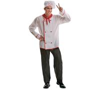 My Other Me - Disfraz Cocinero Hombre, talla S. Incluye gorro blanco con la inscripción Chef en rojo, pañuelo rojo, camisa blanca con botones y detalles rojos, y pantalón negro con rayas blancas.