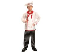 My Other Me - Disfraz Cocinero Niño, talla 10-12 años. Incluye gorro blanco con la inscripción Chef en rojo, pañuelo, camisa blanca con botones y detalles rojos, y pantalón a rayas.