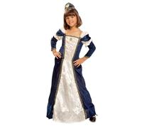 My Other Me - Disfraz Dama Medieval Niña, talla 10-12 años. Incluye vestido largo azul con franja central blanca y bordados dorados, mangas largas en capas y diadema a juego con flor.