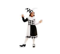 My Other Me - Disfraz de Arlequina para niña con sombrero y vestido en blanco y negro talla 5-6 años. Perfecto para fiestas llenas de risas y color