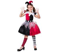 My Other Me - Disfraz de Arlequina para niña en negro y rojo con vestido, cuello, tocado y calentadores talla 5-6 años. Perfecto para ser la estrella del carnaval