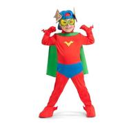 My Other Me - disfraz de Kid Fury para niño con gorra, antifaz, pasamontaña, mono, capa, guantes, brazaletes y cubrebotas en rojo y verde talla 6-7 años. Perfecto para pequeños héroes en acción