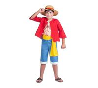 My Other Me - Disfraz de Luffy para niño en rojo y azul con sombrero, chaqueta, camiseta, fajín y pantalón talla 10-12 años. Zarpa rumbo a la gran aventura pirata