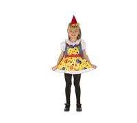 My Other Me - Disfraz de Payasa para niña con tocado y vestido multicolor con lunares, botones grandes y tirantes talla 5-6 años. Perfecto para las fiestas más coloridas