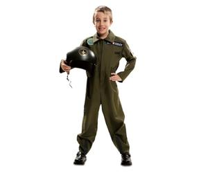 My Other Me - Disfraz de Piloto niño, talla 3-4 años. Incluye mono verde oliva con cremallera frontal, bolsillos funcionales, emblemas, y cremalleras en los tobillos.