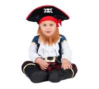 My Other Me - Disfraz de Pirata Bucanero unisex para bebé çcon sombrero, barba, mono, cinturón y patucos en rojo y blanco talla 7-12 meses. Embárcate en una aventura llena de tesoros.