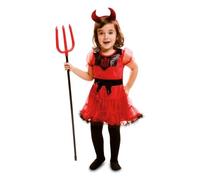 My Other Me - Disfraz Diablesa Niña, talla 7-9 años. Incluye vestido de rojo y negro con volantes de tul y mangas cortas abullonadas de malla y diadema roja con cuernos acolchados.