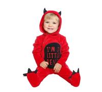 My Other Me - Disfraz Diablo bebé unisex, talla 7-12 meses. Incluye mono rojo con capucha de orejas negras, garras en los pies, pechera con inscripción “I’m a little devil” y cola negra.