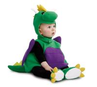 My Other Me - Disfraz Dinosaurio Bebé unisex, talla 0-6 meses. Incluye gorro con cresta amarilla y cuernos blancos, vestido verde y alas moradas, y patucos con garras amarillas.