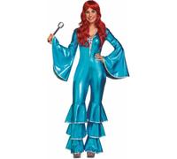 My Other Me - Disfraz Disco Mujer, talla M-L. Incluye mono azul brillante con mangas y pantalones acampanados decorados con volantes y ribetes y detalles en plateado. Brilla con estilo.