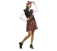 My Other Me - Disfraz Escocesa Mujer, talla M-L. Incluye vestido con diseño de camisa blanca, chaleco negro, falda plisada roja a cuadros con manto y boina a juego, y bolsito marrón.
