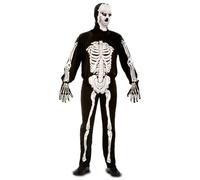 My Other Me - Disfraz Esqueleto adulto-hombre, talla S. Incluye verdugo, mono y guantes. Diseño anatómico en blanco sobre fondo negro con huesos impresos en la cara, manos, brazos, torso y piernas.