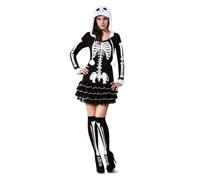 My Other Me - Disfraz esqueleto adulto-mujer, talla S. Incluye vestido negro con estampado óseo blanco, capucha con calavera y pompones, y calcetas altas a juego con diseño de huesos en las piernas.