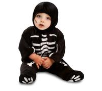My Other Me - Disfraz Esqueleto bebé unisex, talla 0-6 meses. Incluye mono negro con huesos impresos y gorro a juego. Estilo divertido con huellas en pies y detalles blancos en contraste.