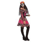 My Other Me - Disfraz Esqueleto mujer adulto, talla XXXL. Incluye vestido corto con falda estampada de calaveras, corset con huesos fucsia, mangas largas y escote con volantes florales.