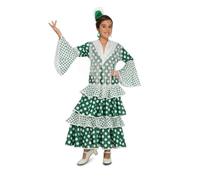 My Other Me - Disfraz Flamenca Niña, talla 10-12 años. Incluye vestido verde y blanco, escote en V, encaje decorativo, lunares grandes y pequeños, manga larga y falda con volantes. Esencia andaluza.