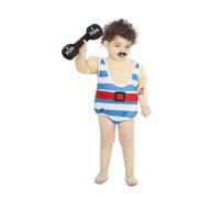 My Other Me - Disfraz Forzudo bebé, talla 7-12 meses. Incluye camiseta de músculos con tatuajes impresos, peto a rayas blancas y azules con cinturón rojo, y mancuernas negras de tela con relleno.