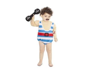 My Other Me - Disfraz Forzudo bebé, talla 7-12 meses. Incluye camiseta de músculos con tatuajes impresos, peto a rayas blancas y azules con cinturón rojo, y mancuernas negras de tela con relleno.