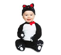 My Other Me - Disfraz Gato bebé unisex, talla 0-6 meses. Incluye mono de felpa negra con vientre blanco, huellas en guantes y pies, y gorro con orejas rojas, hocico bordado y lazo rojo en el cuello.