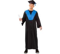 My Other Me - Disfraz Graduado Adulto Unisex, talla S. Incluye birrete negro con borla azul, túnica negra de manga larga y beca cruzada. Ideal para celebrar con estilo académico.