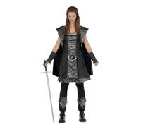 My Other Me - Disfraz Guerrera Mujer, talla XL. Incluye vestido con capa, brazaletes y cubrebotas con detalles de pelo sintético en tonos negros y grises, y diseños plateados.