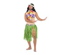 My Other Me - Disfraz Hawaiana para Hombre, talla Única. Incluye tocado y collar de flores, body con relleno y top morado con estampado de flores blancas, falda hawaiana verde.