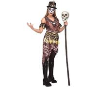 My Other Me - Disfraz Hechicera Vudú Mujer, talla M-L. Incluye vestido con estampado tribal y de calaveras, falda dorada con encaje negro, bajo dentado y brazaletes a juego.