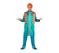 My Other Me - Disfraz Hindú Hombre, talla L. Incluye túnica turquesa con cuello mao decorado con franjas azules bordadas y ribetes dorados, pantalón azul con bordados, bufanda y turbante naranja.