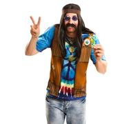 My Other Me - Disfraz Hippie Adulto Unisex, talla M. Incluye camiseta impresa de manga corta colorida con detalles de símbolo de paz, chaleco marrón con flecos y estampado de hoja verde.