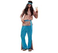 My Other Me - Disfraz Hippie Hombre, talla M-L. Incluye camisa colorida con estampado psicodélico, pantalón azul con detalles del mismo estampado que la camisa, cinta para la cabeza y cinturón.